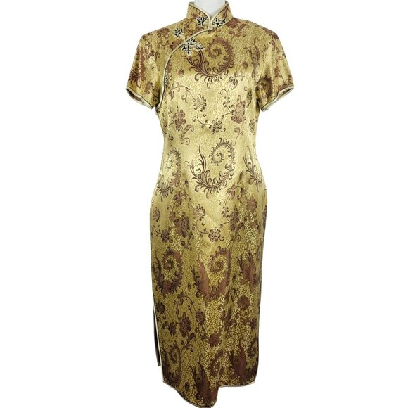 Gold Cheongsam Dress Womens 38 Embroidered Floral Design Short Sleeve Side Zip - Picture 1 of 16